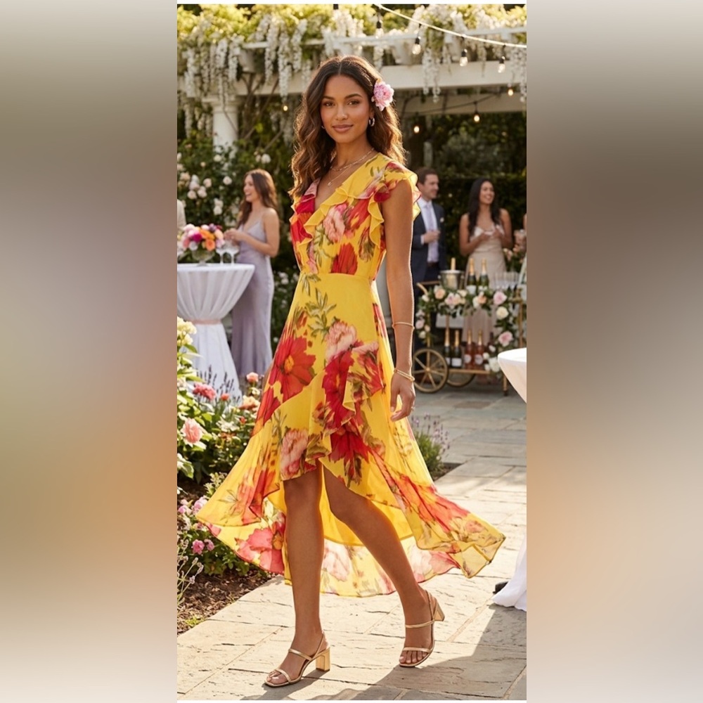 Taylor Yellow Floral High-Low Ruffle Midi Dress